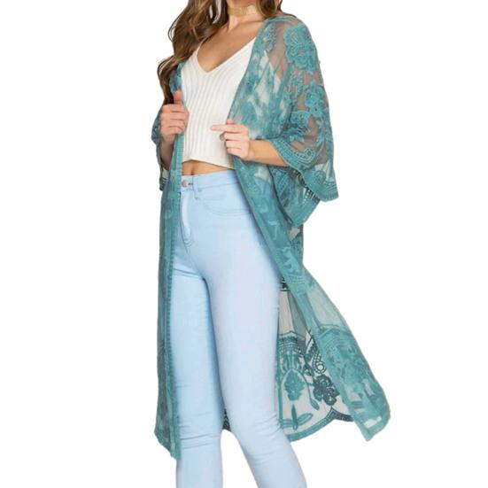 Women Cardigan See-through Thin Lace Embroidery Three Quarter Sleeve Solid Color Mif Length Loose Open Stitch Lady Beach Vacation Cover Up