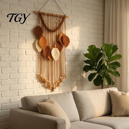 Textured Wall Art for Bedroom Hanging Tapestry, Boho Leaf Decor, Large Tapestry with Wood Beads, Handmade Soft Natural Woven Art, Farmhouse