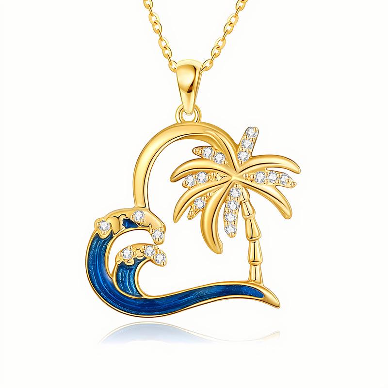 S925 Sterling Silver Cross-Border Love Heart Ocean Pendant Necklace with Enamel & Zirconia for Women - Vacation Style Clavicle Chain S925 Silver