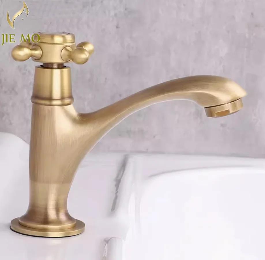 Antique brass single cold outdoor wash basin faucet anti-freezing cracking marble stone basin outdoor balcony courtyard