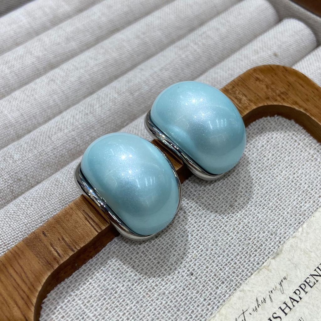 Dopamine Oval C-Shaped Stud Earrings Women'S Light Luxury Resin Design Sense Blue Oil-Dripping Exquisite Earrings