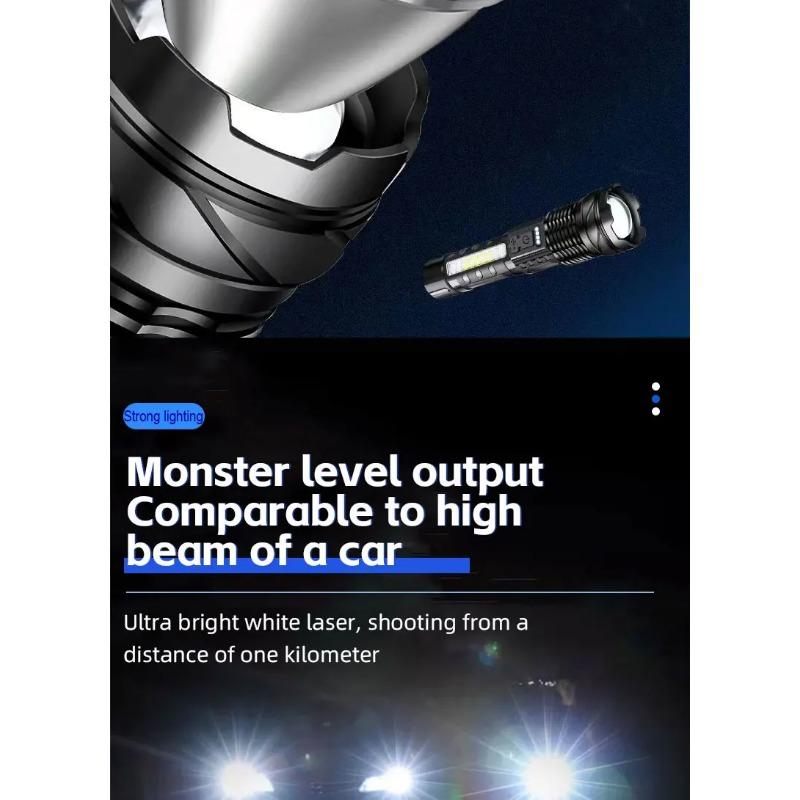 Lanternă LED Reîncărcabilă de Mare Putere cu Lumină Laterală, Lumină Tip Torță Pentru Camping în Aer Liber, Lumină de Drumeție, Lumină Intermitentă Puternică