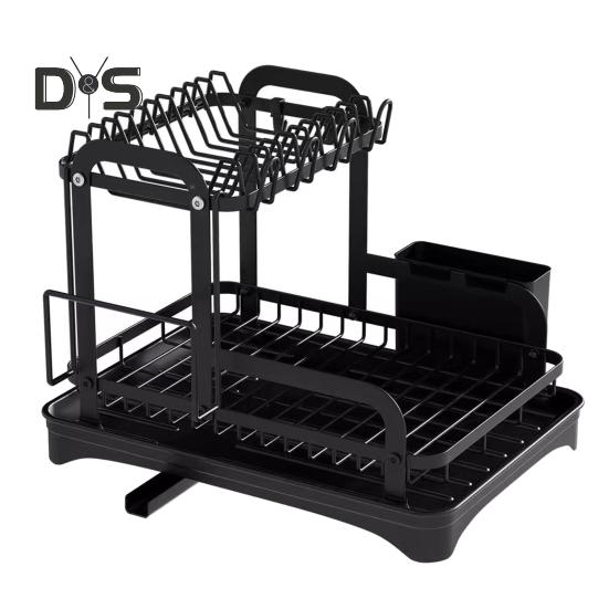 

Двухуровневая стойка для хранения столовых приборов, держатель для тарелок с поддоном для слива, прочная несущая чаша, многоцелевая стойка для слива тарелок чёрный
