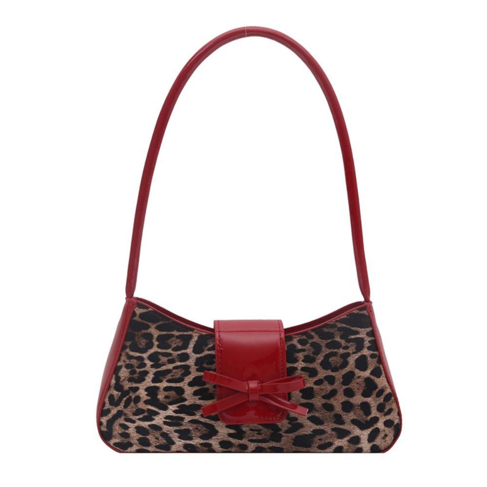 Versatile Large Capacity Underarm Bag Leopard Print Bowknot Design Handbag PU Leather Minimalist Armpit Bag Casual Wear
