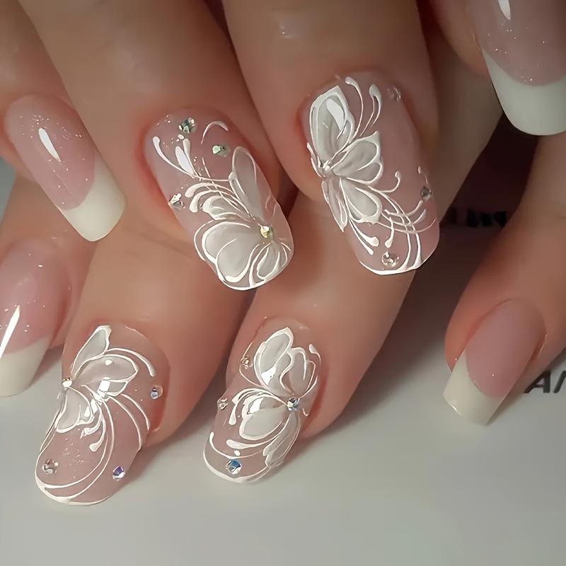 

24-Piece Minimalist White French Flower Glitter Press-On Nails with 3D Rhinestones