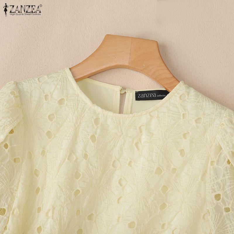 ZANZEA Women Casual Round Neck Short Sleeve Hollow Crochet Patchwork Blouse
