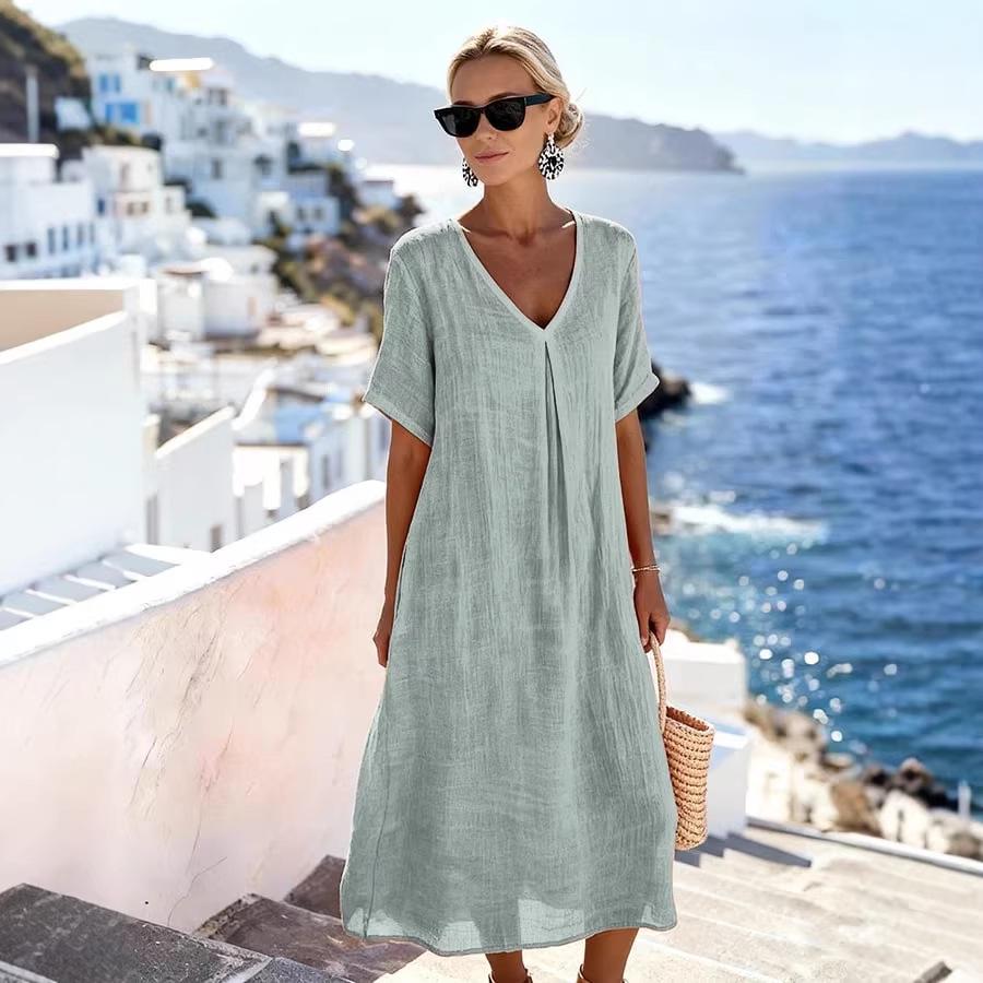 2026 New Casual Spring/Summer V-Neck Short Sleeve Loose Long Dress - Solid Color Cotton Linen