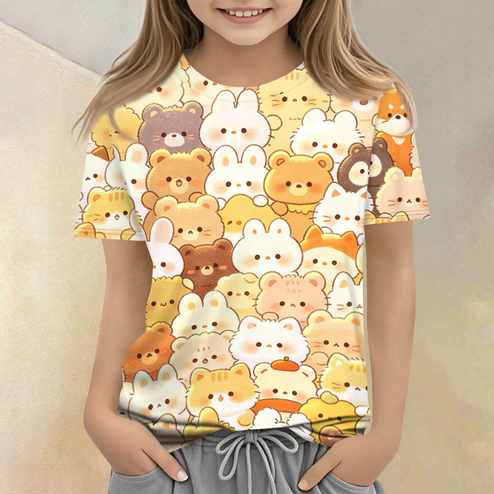 

Kids Animal Print Crew Neck Short Sleeve T Shirt Casual Loose Fit Top Soft Comfortable Fabric Suitable for Everyday Wear 140 бежевий