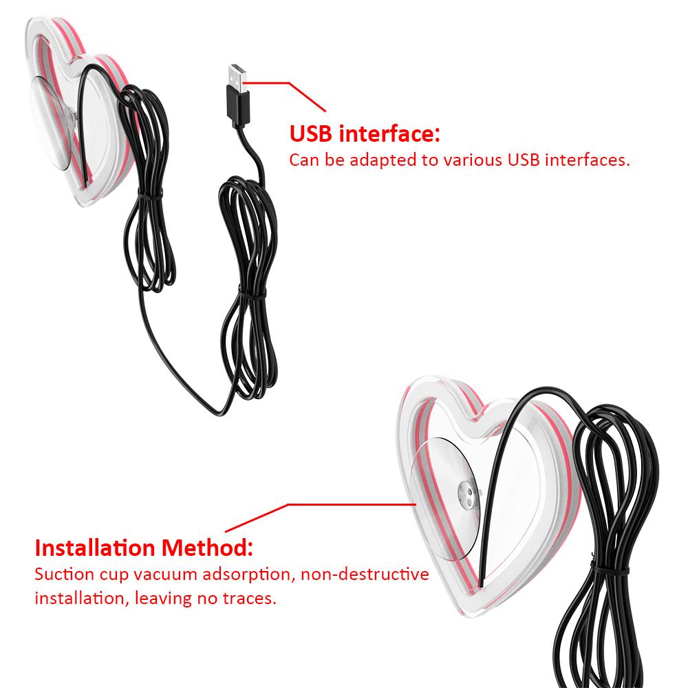 Car LED Glass Window Lights Interior Decoration Lights Glowing Heart Atmosphere Light USB Wiring Car Modification Neon Lamp