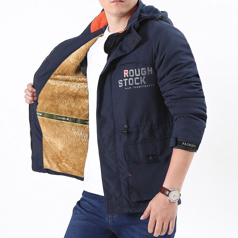 Autumn and Winter Outdoor Medium and Long Jacket Men's Casual Tooling Multi-bag Jacket Medium Green Velvet Thicker
