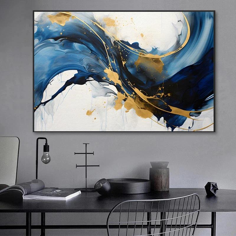 Modern Blue and Gold Abstract Posters Swirling Lines Prints Canvas Oil Painting Wall Art Pictures Home Living Room Decoration