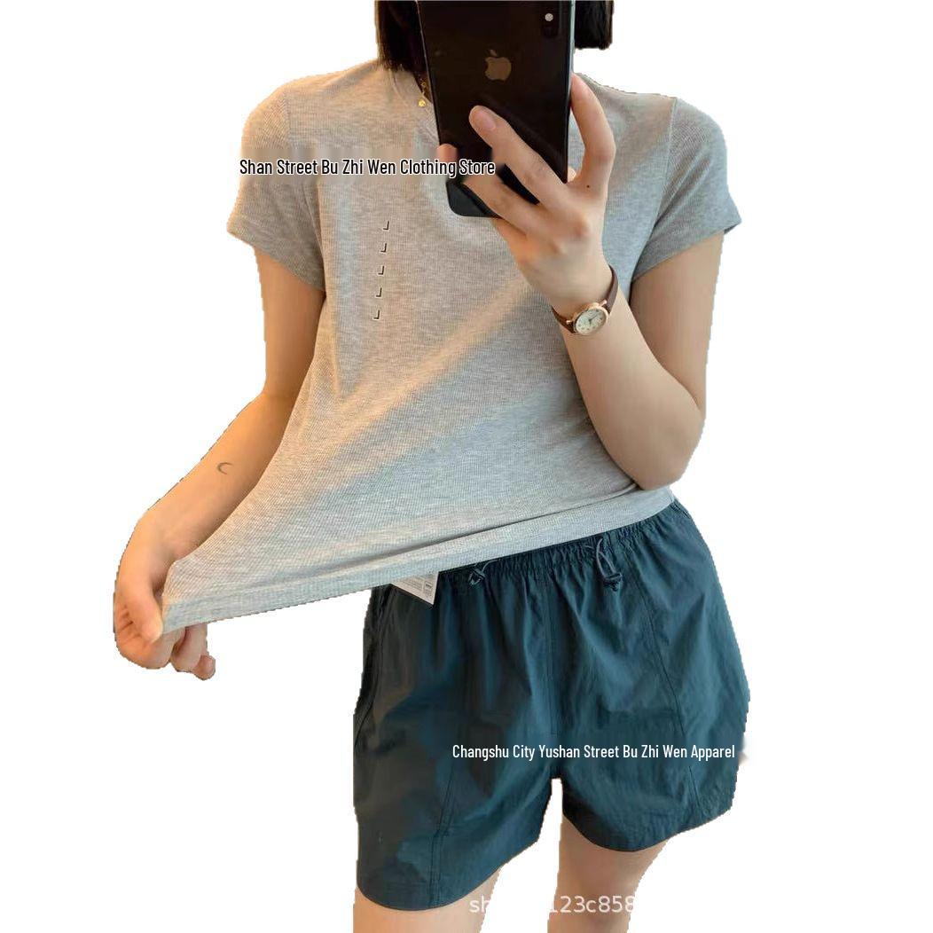 

Japanese Women s High Waist Slimming Ribbed Cotton Short Sleeve Top M
