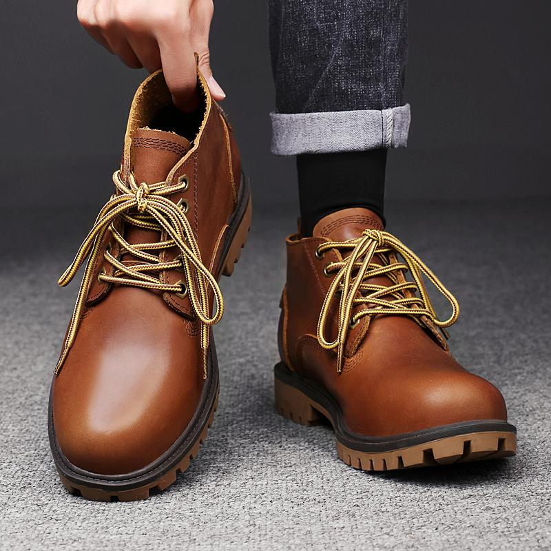 Moda Pelle Vera Uomo Caviglia Stile Giovane Allacciatura Fondo Spesso Scarpe Uomo Alta Qualità Comode Stivali da Lavoro Taglie Forti 36-47