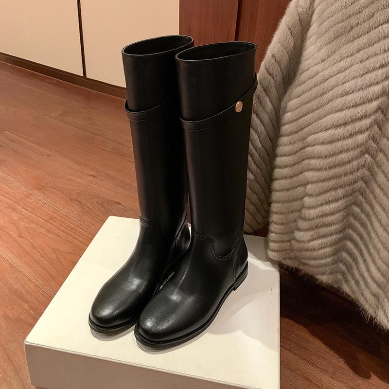 

Round head retro small gold coin buckle belt leather thick heel high knight boots women 34