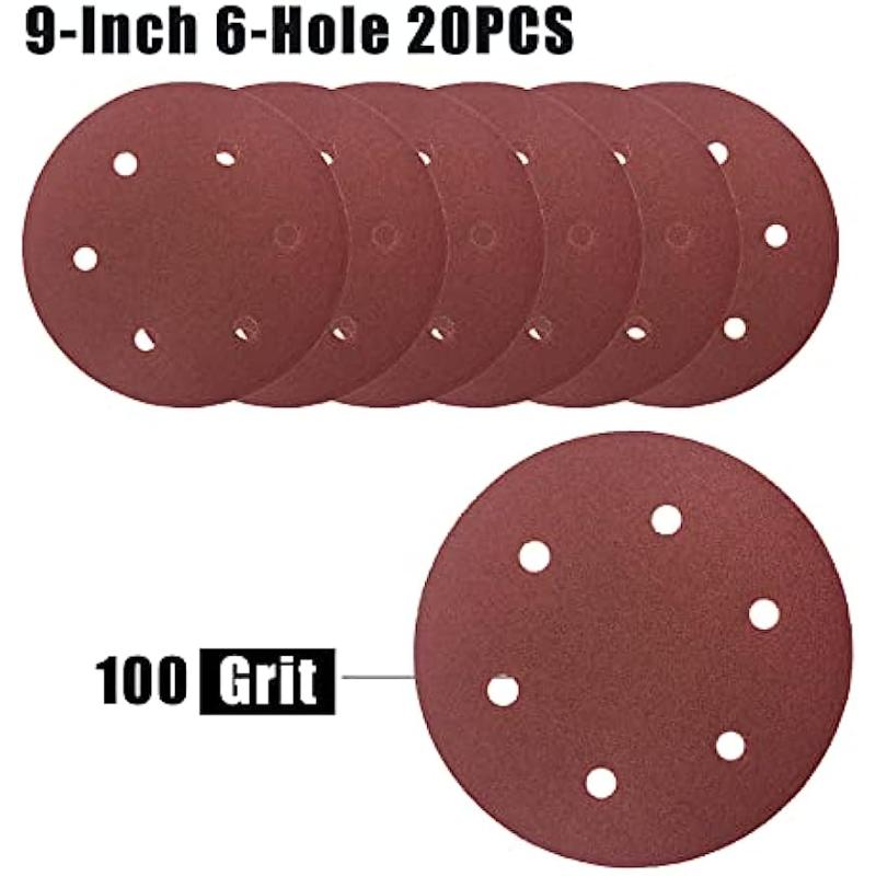

20 шт. шлифовальной бумаги на липучке, 9 дюймов 6 отверстий, набор шлифовальных дисков, шлифовальная бумага разной зернистости(40/60/80/100/150/180/240) 9Inch-100-20PCS