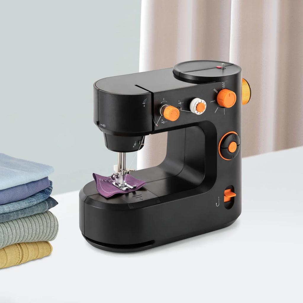 Black Portable Electric Home Sewing Machine with Two Modes and Five Sewing Methods, Compact Sewing Worktable with LED Lighting