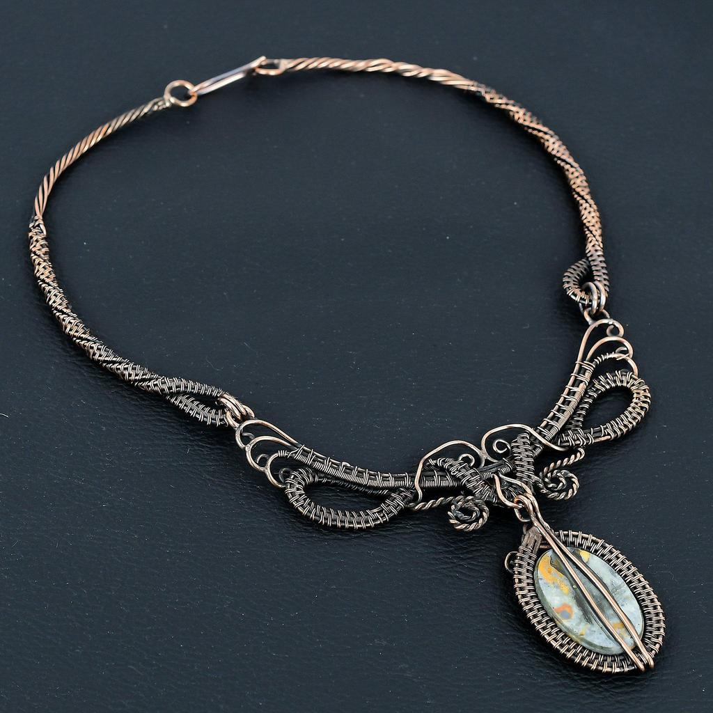Malingano Jasper Necklace Handmade Jewelry, 999 Copper Wire Wrapped Necklace Designer Gemstone Jewelry Adjustable Chain Necklace