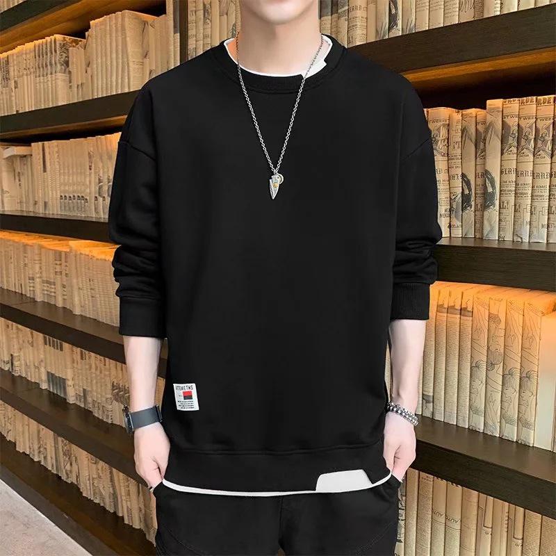 Men's Korean Style Loose Round Neck Long Sleeve Sweatshirt - Fake Two-Piece, Plus Velvet, Versatile Trendy Autumn/Winter Fashion Top