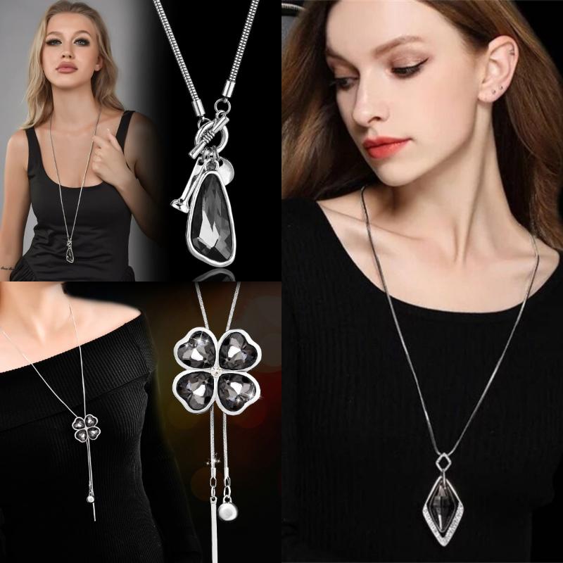 Fashion Irregular Geometric Grey Crystal Necklace For Women Elegant Long Pendant Winter Sweater Chain Necklace Jewelry