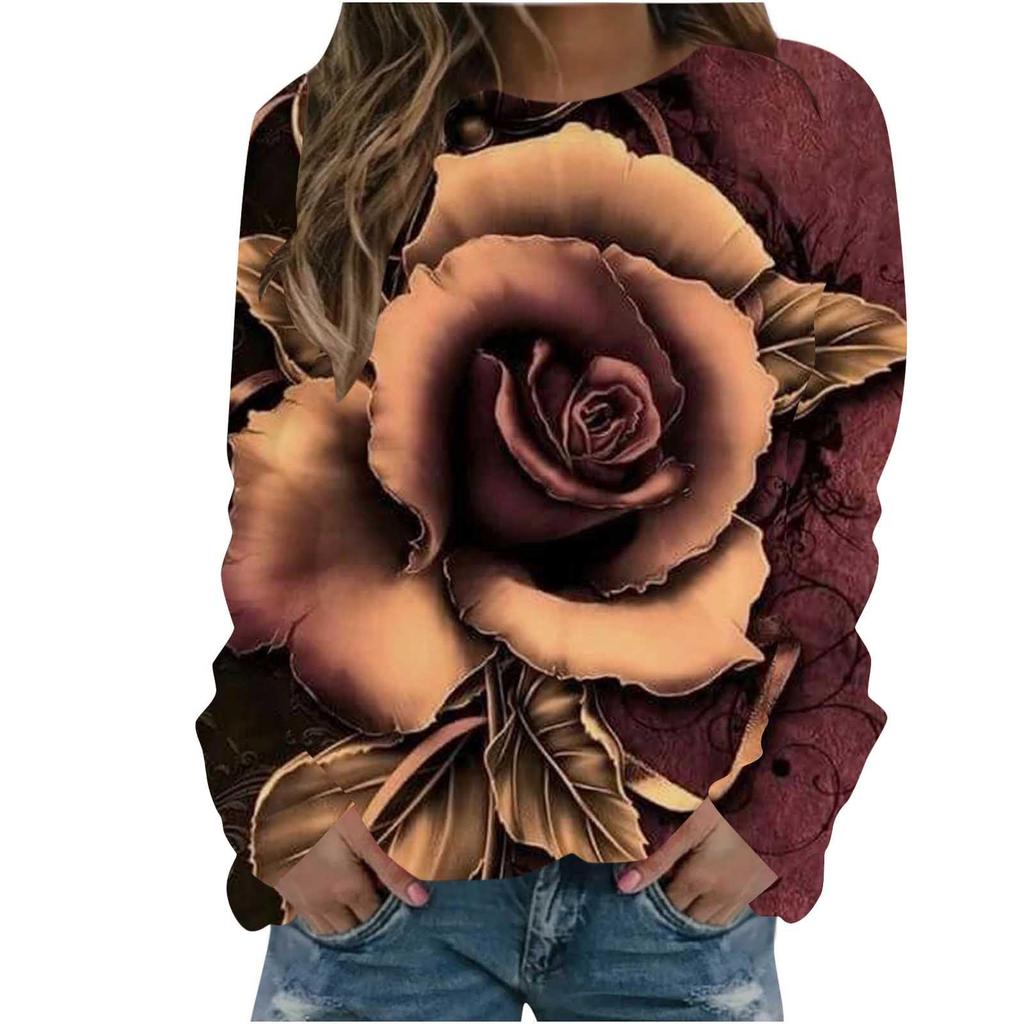 Rose Flower Sweatshirts Floral 3D Print Hoodies Women Long Sleeve Y2k Hoodie Streetwear Oversized Pullovers Top Female Clothing