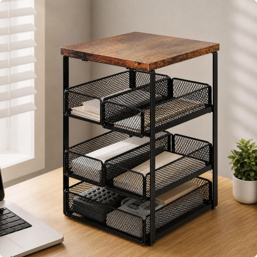 Tabletop Storage Rack with Mesh Baskets Tiered for Tea Drinkers