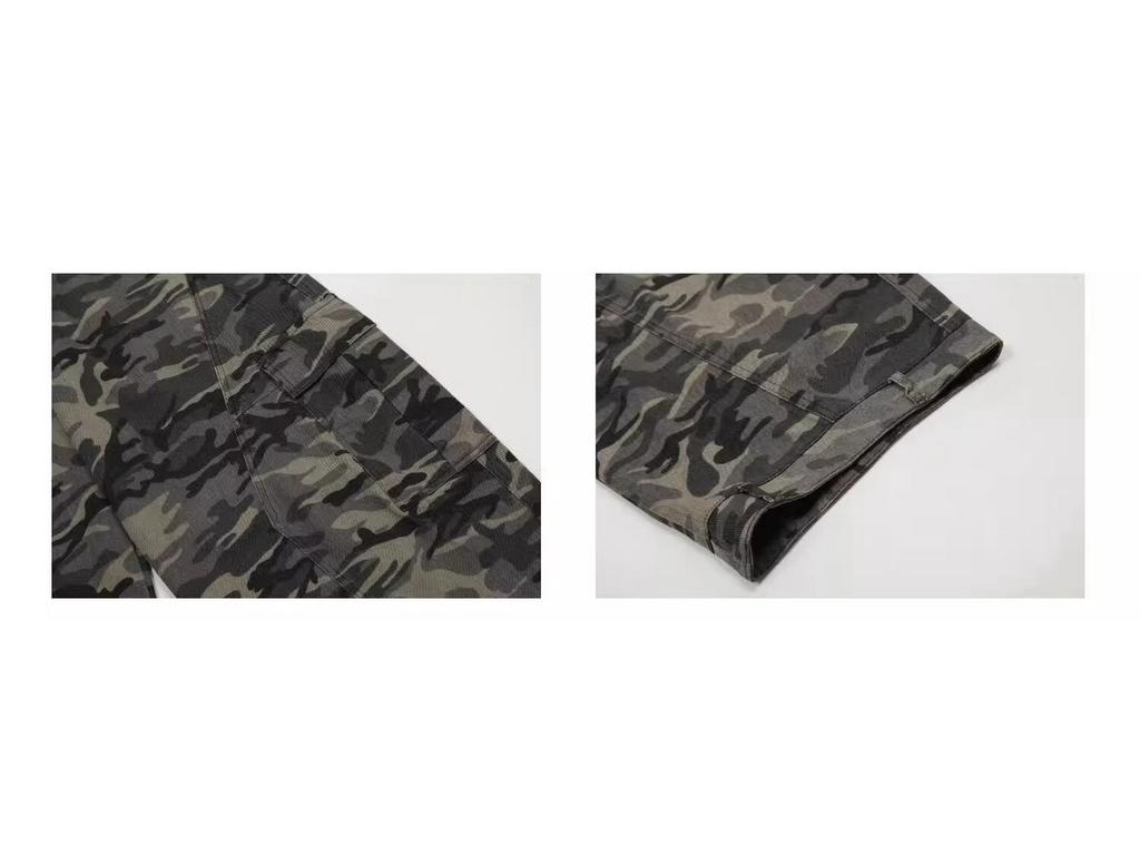 Unisex American Retro Camouflage Cargo Pants, Spring/Autumn 2024, Loose Fit, Multi-Pocket, Washed Style