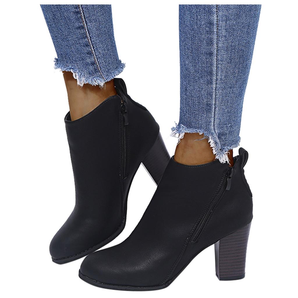 Retro Women Leather Square Heel Zipper Solid Color Short Booties Round Toe Shoes