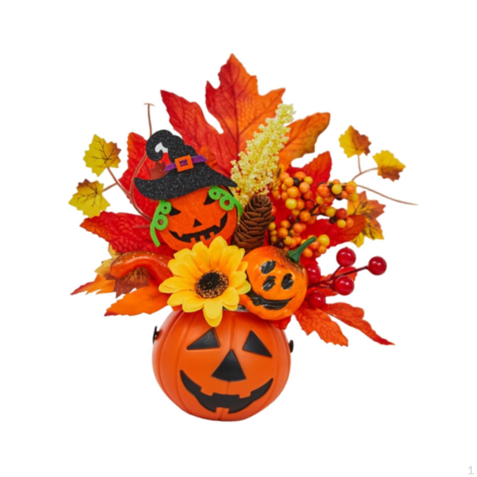

Искусственная тыква, украшение на Хэллоуин, центральный элемент стола, кленовые листья, цветы бакка на осень with Witch Hat