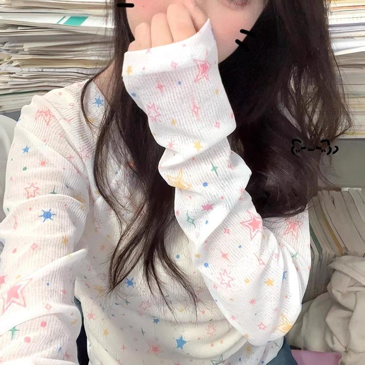 Hvězdný design Kryt proti slunci Potištěné tričko s dlouhým rukávem Slim-fit Jednoramenné Letní lichotivé topy s ochranou proti slunci pro pikantní dívky