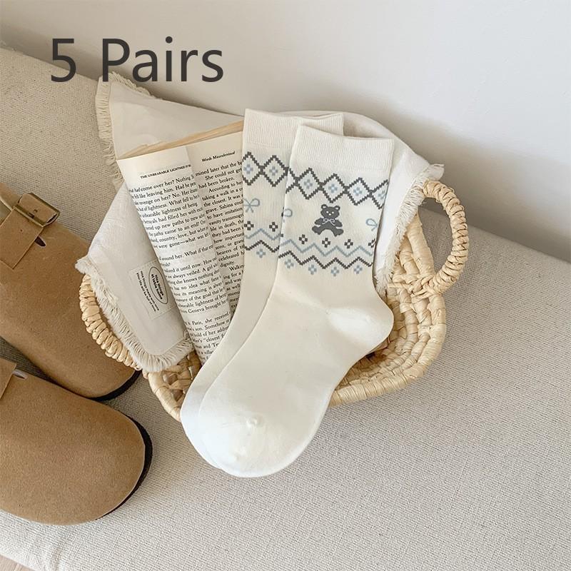 

5 Pairs of Retro Fel Island Children s Autumn Cartoon Cute Bear Mid-calf Socks, Fashionable and Versatile Long Socks 2 pairs білий