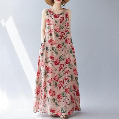 Sleeveless Plus Size Cotton Vintage Floral New In Dresses for Women Casual Loose Long Summer Dress