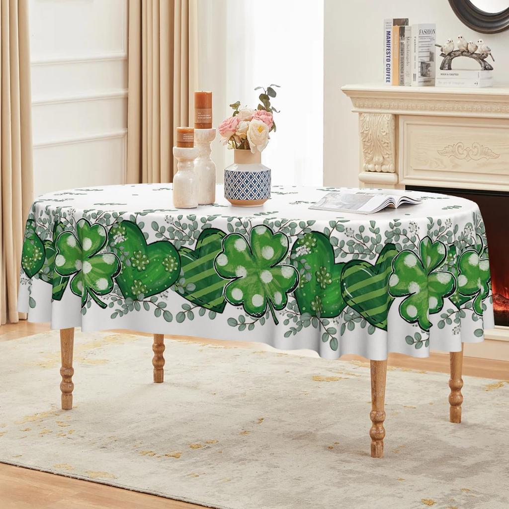 Horaldaily St. Patrick's Day Tablecloth 60×84 Inch Oval, Shamrock Love Heart Eucalyptus Washable Seasonal Table Cover for Party Picnic Dinner Decor