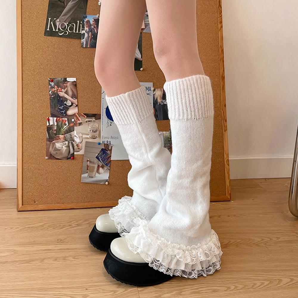 Japanese JK Lace Flare Leg Warmers Winter Warm Knitted Long Socks  for Women & Girls