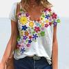 Sommer V-hals 3D Blomstertrykt Topp Moteable Casual Kortermet Dame T-skjorter