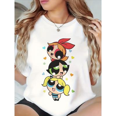 European Size THE POWERPUFF S Women'S Retro Cartoon Graphic T-Shirt - 100% Soft Relaxed Fit Loose Tee with Blossom, Buttercup Bubbles Design