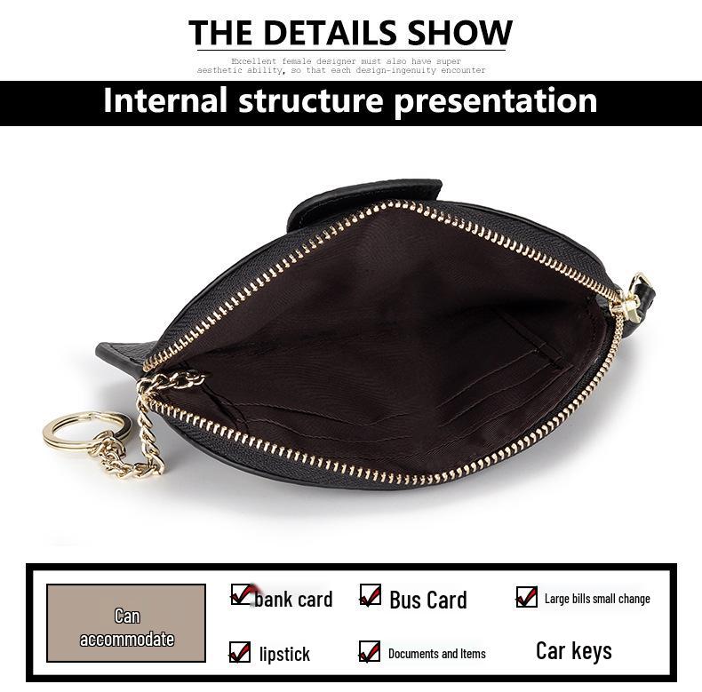 Women's Top Grain Cowhide Mini Coin Purse with Elephant Keychain - Cute, Japanese Style, Real Leather, Super Thin