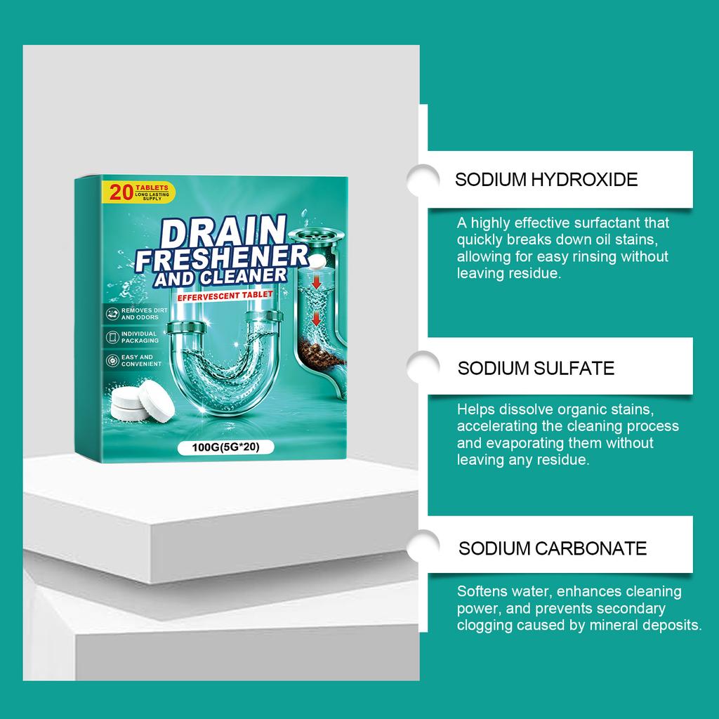 Effervescent Drain Cleaner Tablets for Kitchen Bathroom and Floor Drains Removes Dirt and Odors Dissolves Clogs and Freshens Pipes 20 Count