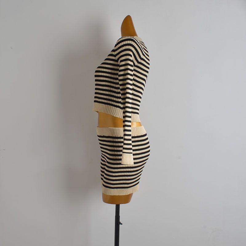 Set Color Matching Stripe Lapel Pullover Knit Skirt Women clothes Slim fit Slimming Sheath Two piece skirt