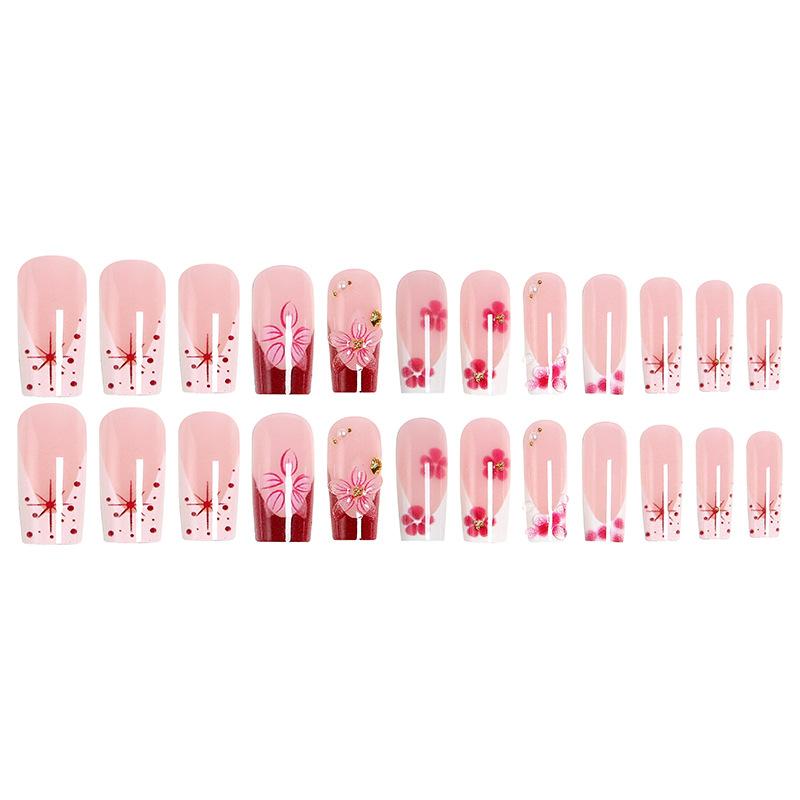 24pcs medium water pipe press on nails with 3D floral design, European & American style false nails for cross-border wholesale.