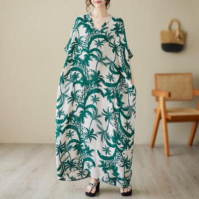 Kortärmad Plus size bomull satin vintage blommig ny i klänningar för kvinnor ledig lös maxi lång sommarklänning