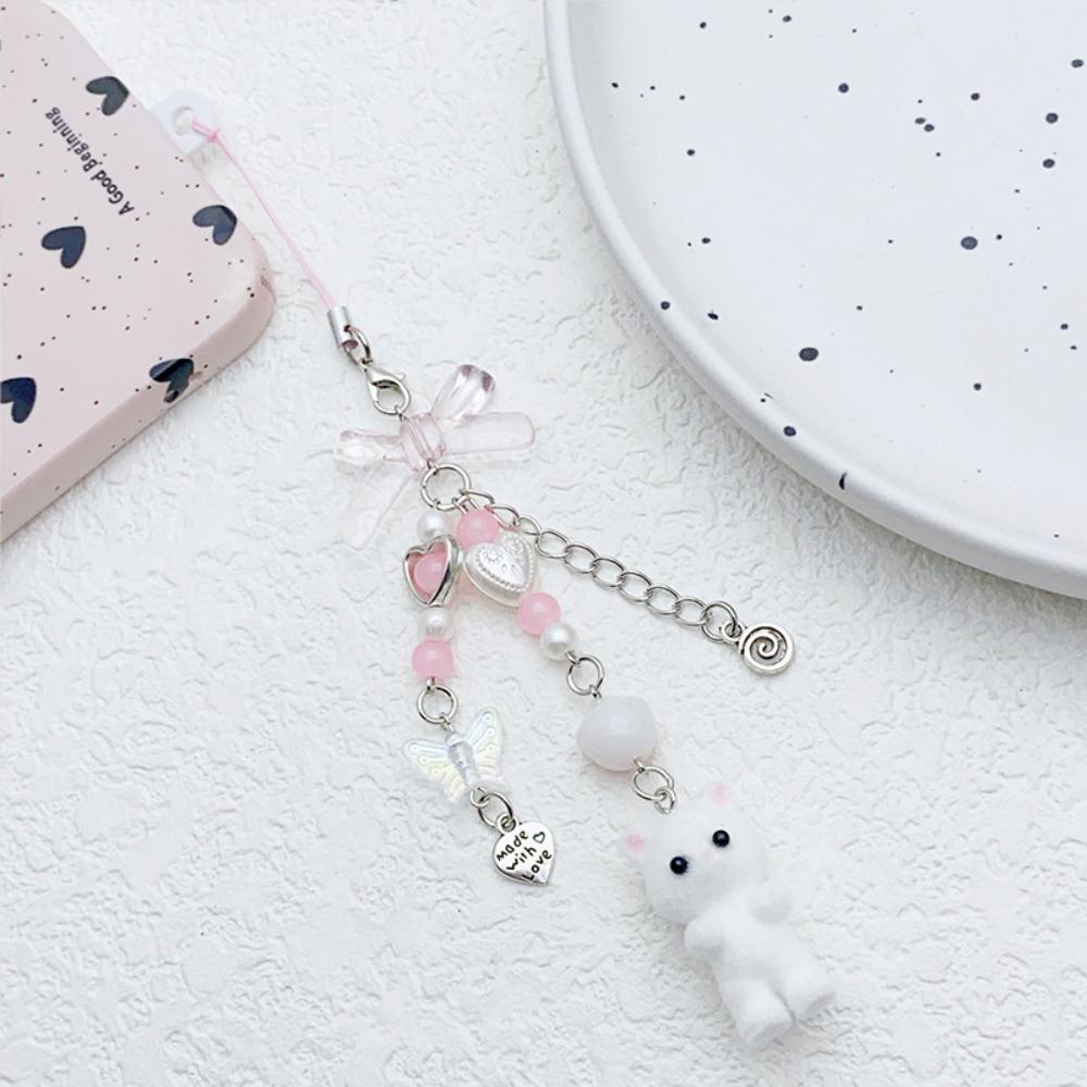Cute Sweet Bowknot String Beads Flocking Kitty Key Chains Mobile Phone Pendant for Women Exquisite Cat Jewelry Accessory Gifts