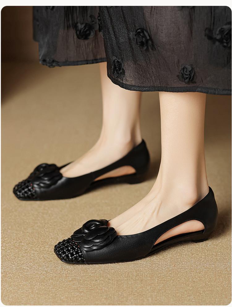 Niche Hollow Woven Square Head Shallow Mouth Single Shoes French Commuter Camellia Side Empty Thick Heel Bag Head Roman Sandals Women