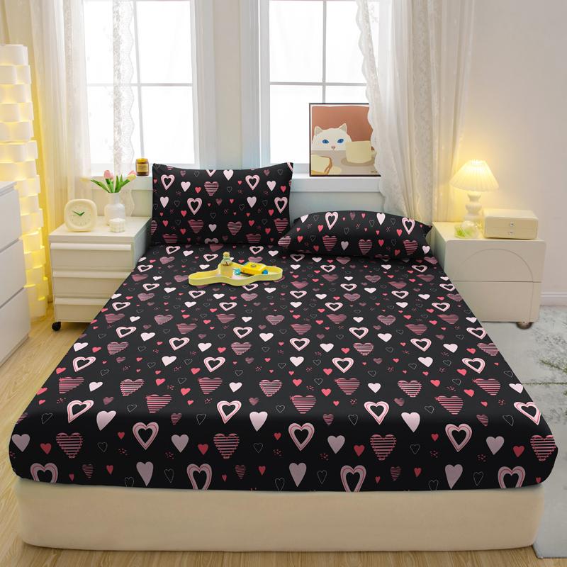 Simple 1 Modern Heart-Shaped Printed Matte Fitted Sheet, Bedroom Printed Bed Cover, Bedding Excluding Pillowcases