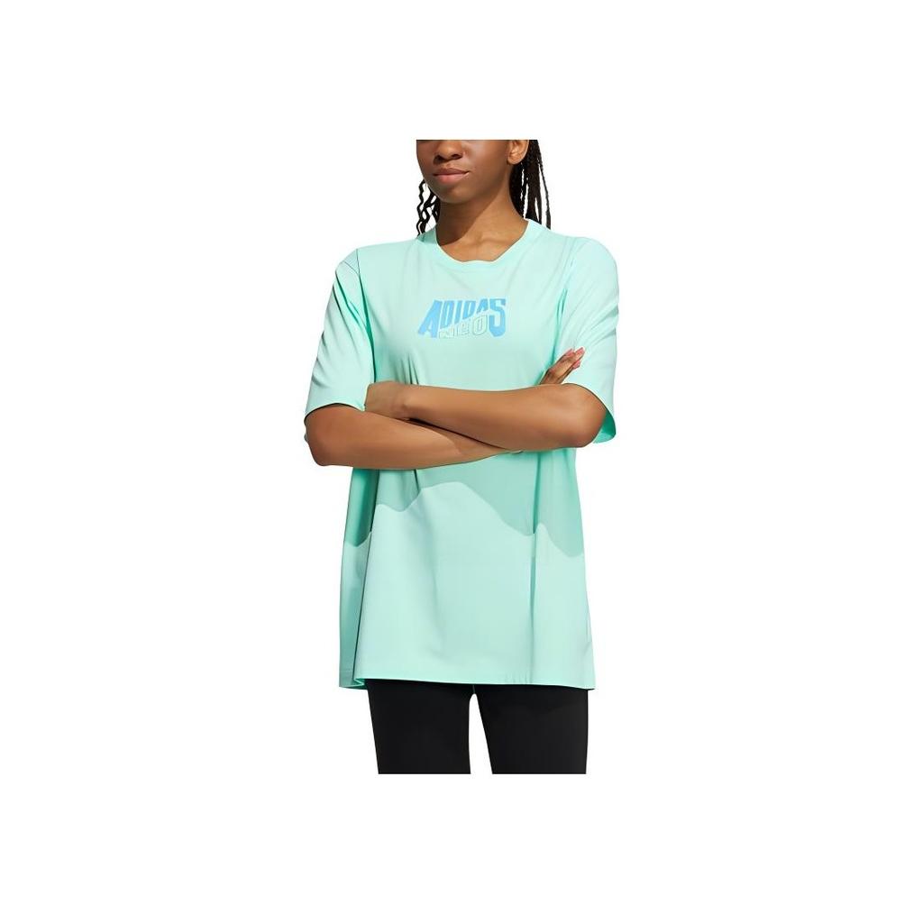Adidas Neo Logo Print Crew Neck T-Shirt Unisex Tops Green HS8840