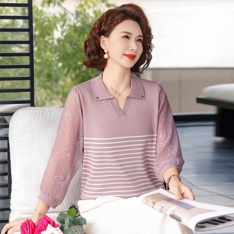 Spring Arrival: Loose Lapel Knit Top for Middle-Aged & Elderly Women – Lightweight, Stylish T-Shirt for Spring/Summer