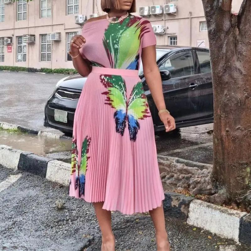 Large size women's clothing summer fashion temperament printed short-sleeved top pleated pendulum skirt set