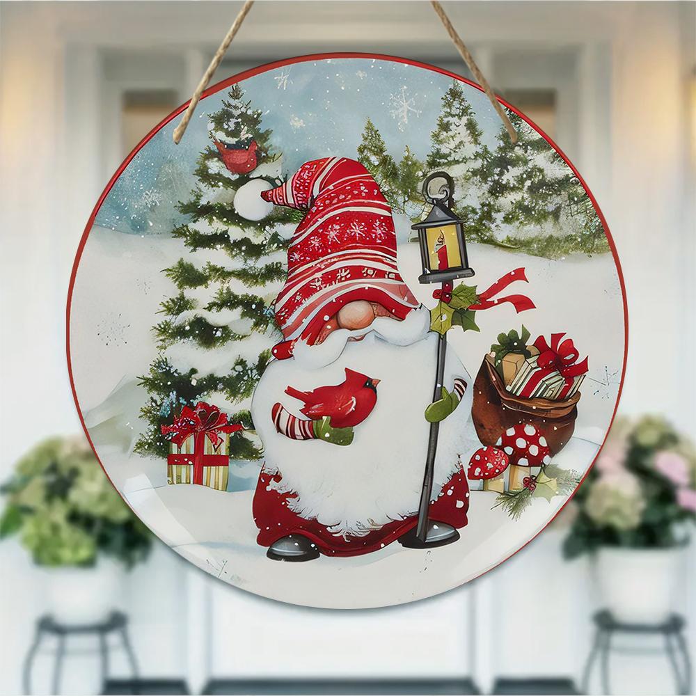 Festlig julnisse med kardinalfåglar Scen Rund Trä Hängande Plakett Vinterhögtid Väggkonst Dekoration Säsongsbetonad Inomhus Hängande Skylt Prydnad