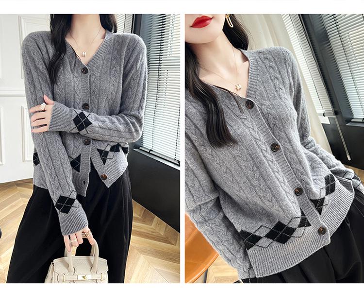 Women's V-Neck Oversized Cable Knit Color Block Cardigan - Casual Long Sleeve Wool Sweater