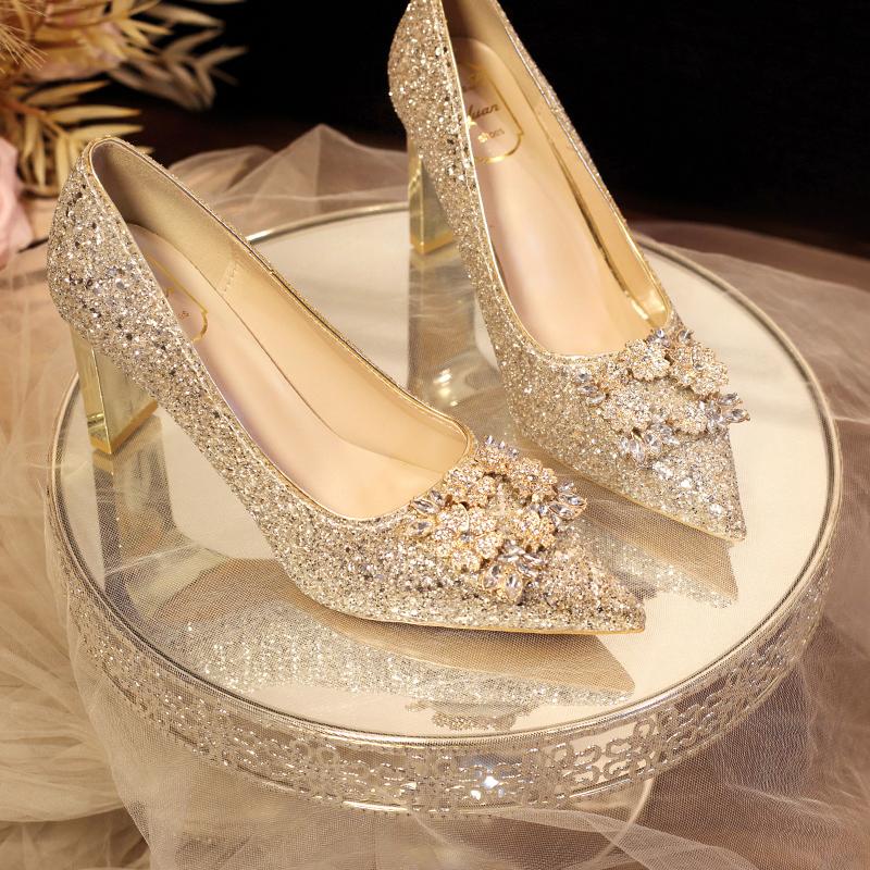 Fashion Luxury Pointed Toe Bling Rhinestone Women Pumps Champagne Colors Shallow 6/8CM High Heels Bridesmaid Wedding Shoes