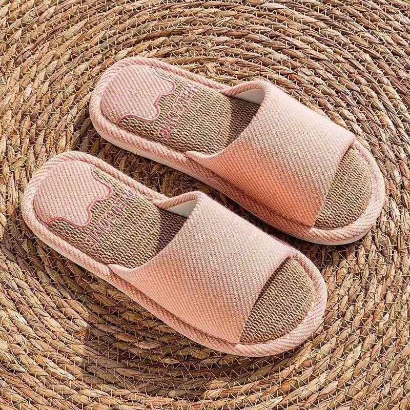 

Летние домашние тапочки с нескользящей мягкой подошвой для дома, из хлопка и льна, на четыре сезона, мужские весенне-осенние льняные тапочки женские 36-37 розовый